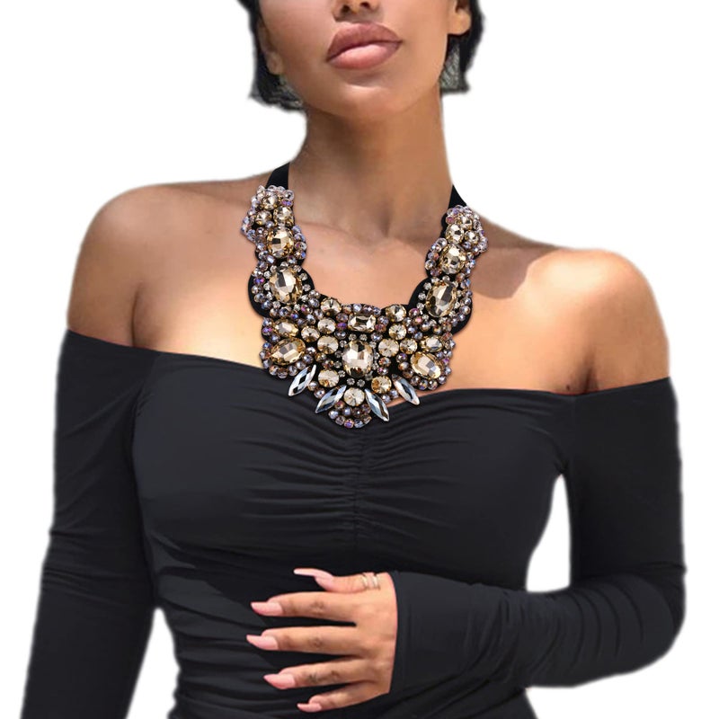 Flyonce Brown Rhinestone Crystal Bib Chunky Collar Statement Necklace for Women Costume Jewelry - Image 4